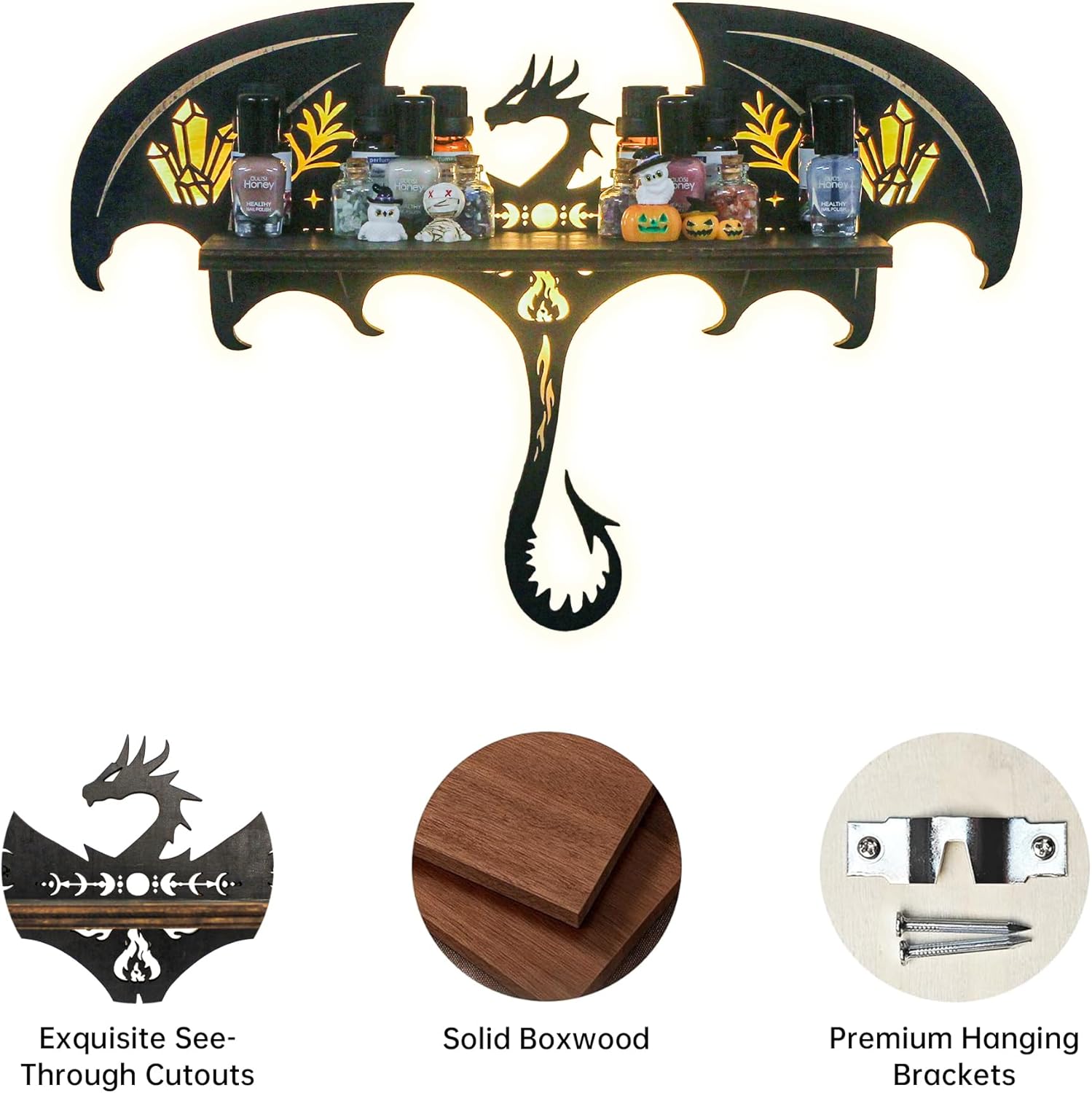 Gothic Evil Dragon Decor with LED Light Crystal Display Shelf for Wall, Wooden Witchy Shelf Rock Display Case Knick Knack Organizer Trinket Holder, Wall Hanging Shelves for Essential Oil &amp; Nail Polish