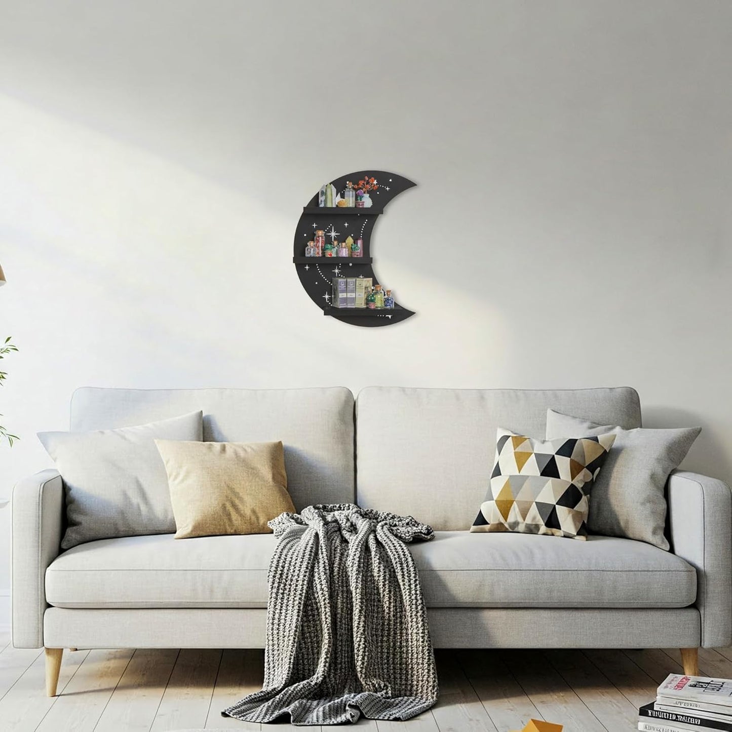 Crescent Moon Shelf with LED Light, Trinket Display Shelf & Moon Wall Light for Rocks Gems Healing Stones Crystals Display, Celestial Decor Crystal Holder Witchy Wall Decor