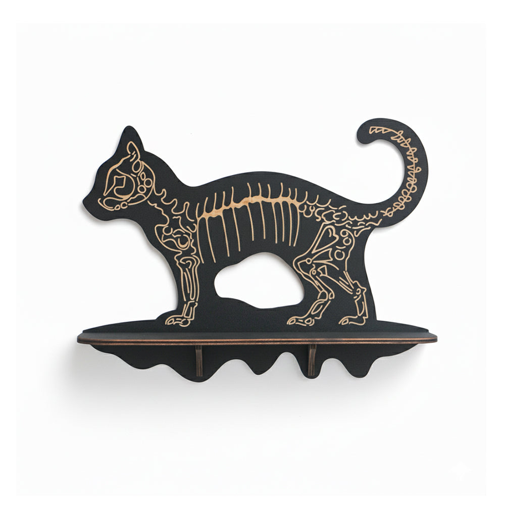 FNYDOXGI Skeleton Cat Crystal Display Shelf, Rock Gem Stone Holder, Essential Oils Nail Polish Organizer, Trinket Knick Knack Shelf Wall Mounted, Witch Witchy Wiccan Home Decor