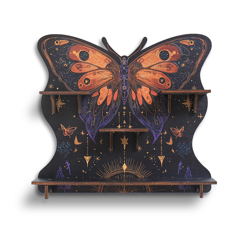 FNYDOXGI Butterfly Crystal Shelf Display, Boho Pine Wood Wall Floating Shelves With Light For Gem Stone Essential Oil Storage, Bohemian Wooden Butterfly Hanging Witch Rustic Decor Holder