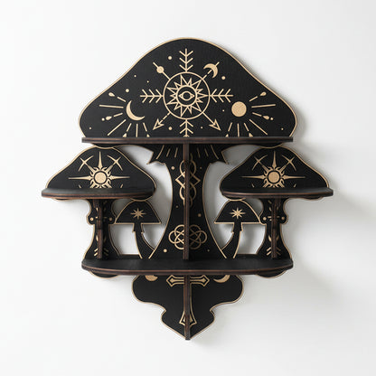 Wooden Mushroom Floating Shelves, Crystal Display Shelf For Wall, Wiccan Incantation Mushroom Wall Decor, Rock Gem Stone Storage Organizer, Essential Oil Holder Hanging Case, Meditation Art Spiritual Gift