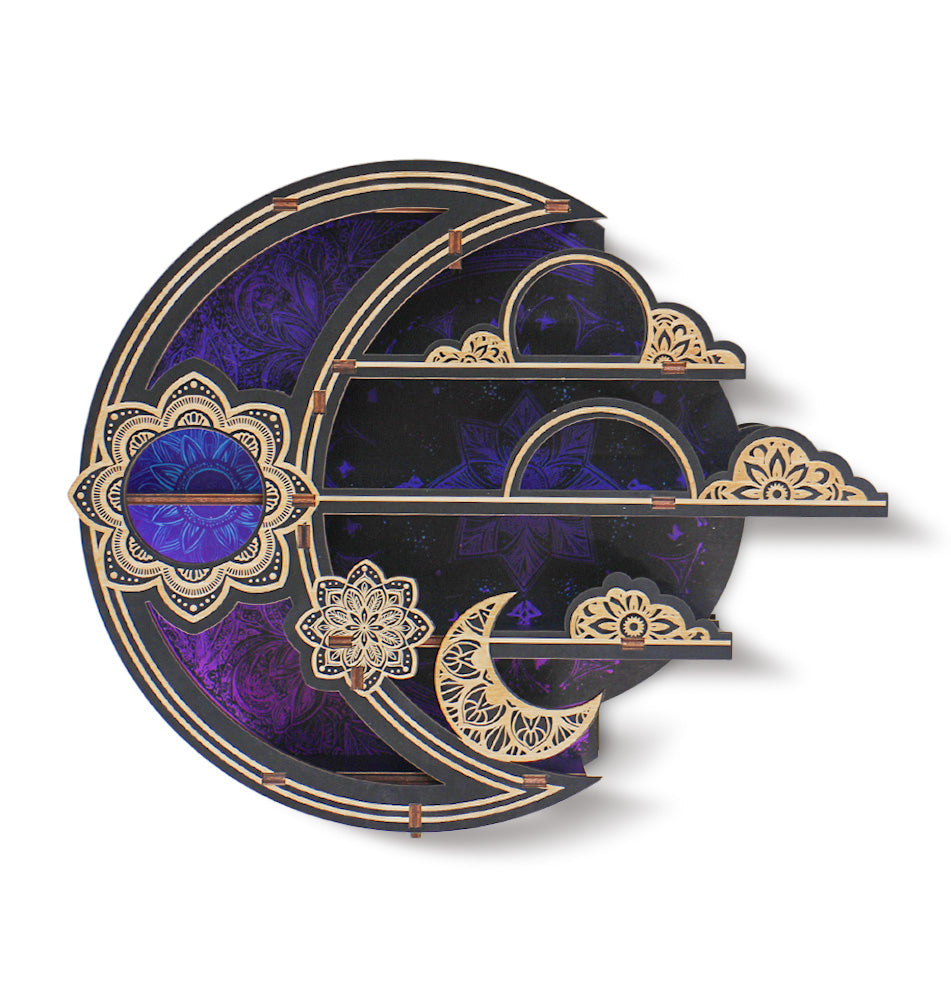 FNYDOXGI Wooden Floating Shelf, Gothic Trinket Display Shelf & Crescent Moon Wall Decor For Rocks Gems Healing Stones Crystals Display, Celestial Decor Crystal Holder Witchy Wall Decor