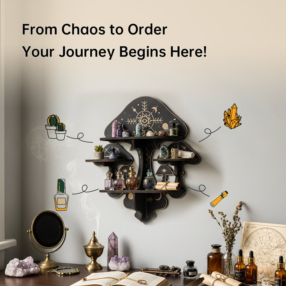 Wooden Mushroom Floating Shelves, Crystal Display Shelf For Wall, Wiccan Incantation Mushroom Wall Decor, Rock Gem Stone Storage Organizer, Essential Oil Holder Hanging Case, Meditation Art Spiritual Gift