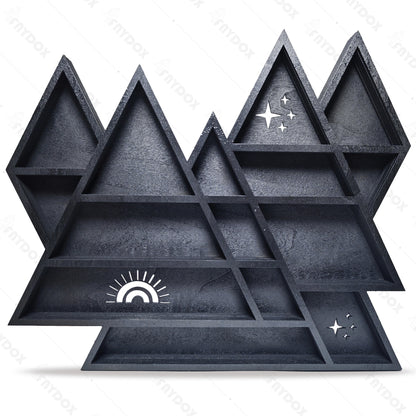 Witchy decor crystal shelf with warm colors and natural wood grain