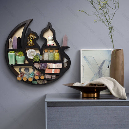 Rustic Cat On The Moon Wooden Crystal Shelf Display
