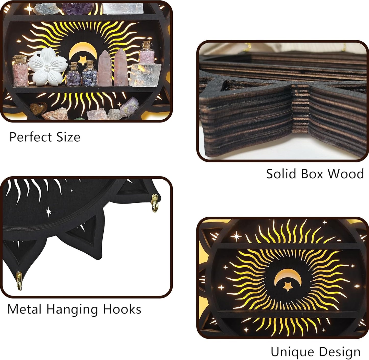 Chakra Lotus Flower Crystal Display Shelf with LED Light, Witchy Home Decor Boho Decorative Wall Mounted Trinket Shelf Wooden Sun Moon Shelf Rock Case Stone Storage Floating Hanging Holder