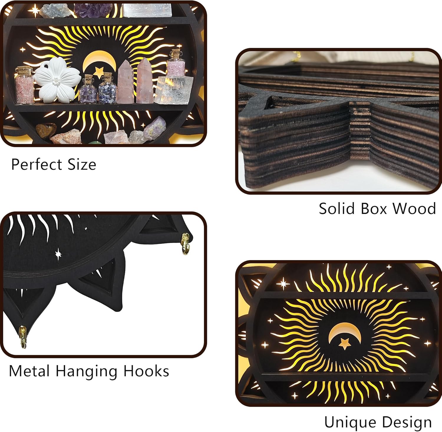 Chakra Lotus Flower Crystal Display Shelf with LED Light, Witchy Home Decor Boho Decorative Wall Mounted Trinket Shelf Wooden Sun Moon Shelf Rock Case Stone Storage Floating Hanging Holder