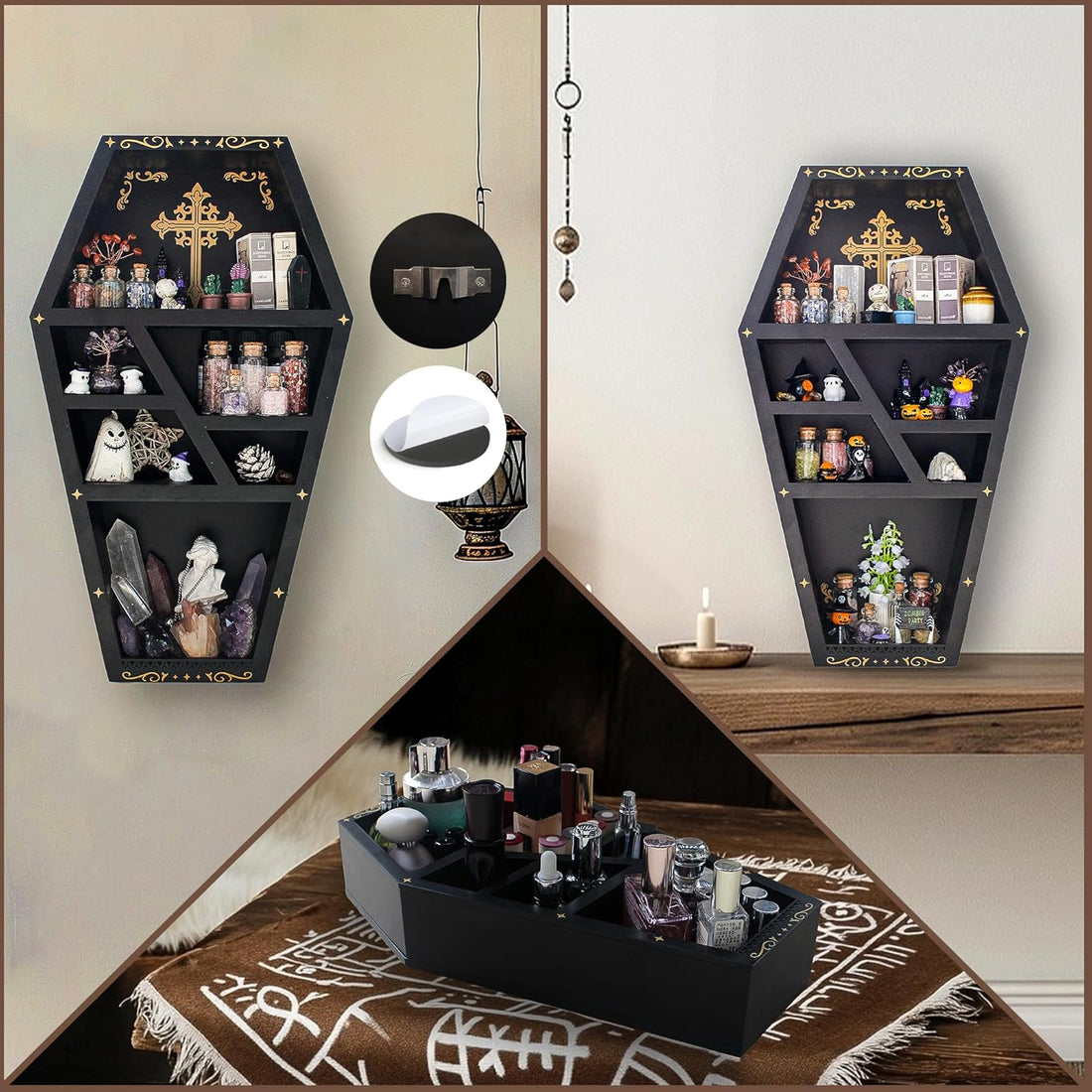 Large Coffin Shelf, Coffin Bookshelf, Oddity Goth Room Decor, Gothic Emo Horror Room Decor, Crystal Display Shelf Rock Trinket Essential Oil Crystal Holder Organizer for Wall