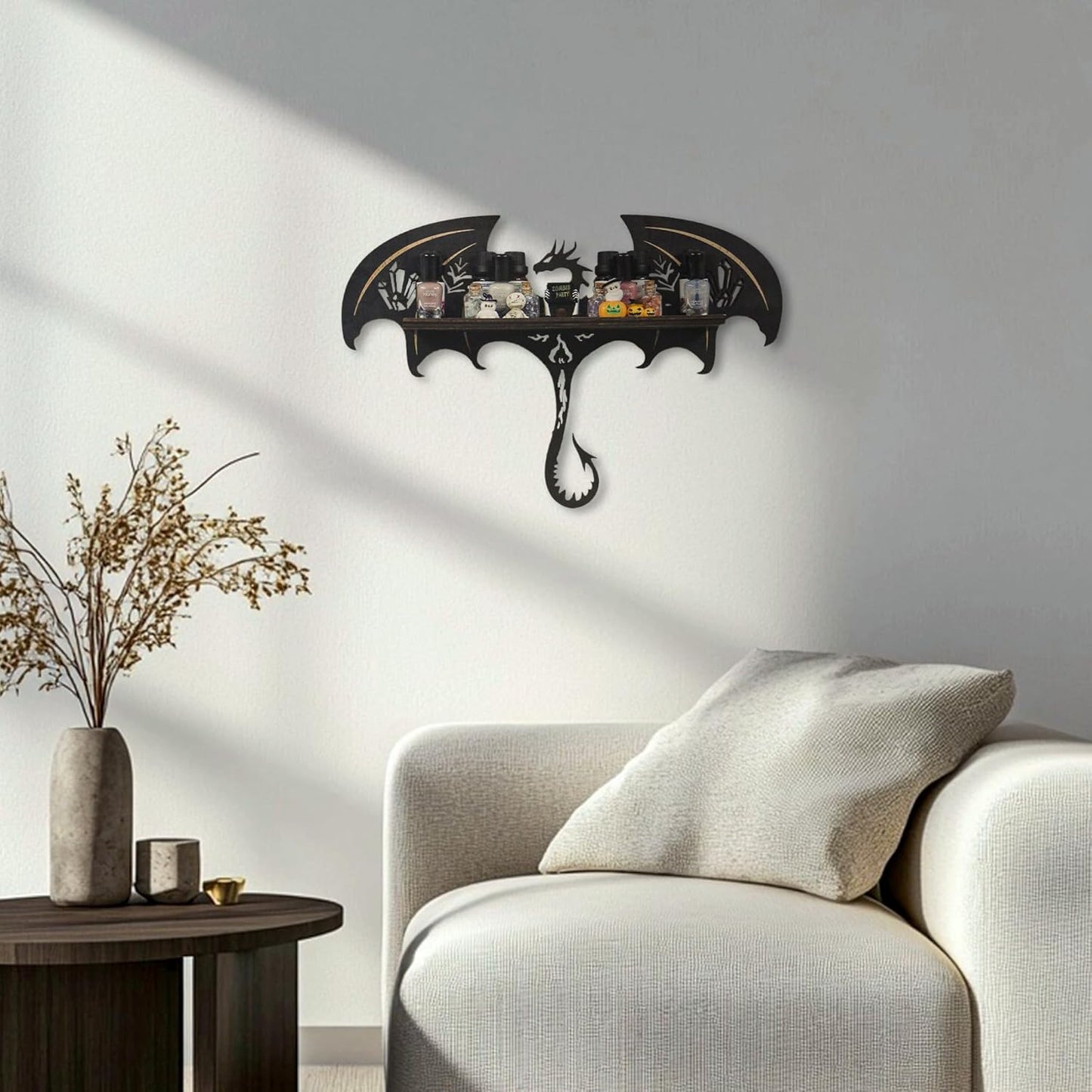 Gothic Evil Dragon Decor with LED Light Crystal Display Shelf for Wall, Wooden Witchy Shelf Rock Display Case Knick Knack Organizer Trinket Holder, Wall Hanging Shelves for Essential Oil & Nail Polish