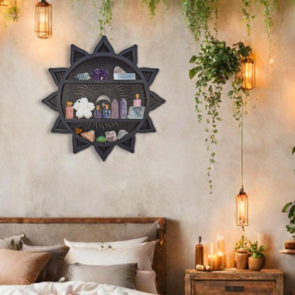 Sun&amp;Moon&amp;Stars Crystal Display Shelf, Trinket Shelf Witchy Home Decor Boho Decorative Wall Mounted Shelf Wooden Sun Moon Shelf Rock Case Stone Storage Floating Hanging Holder