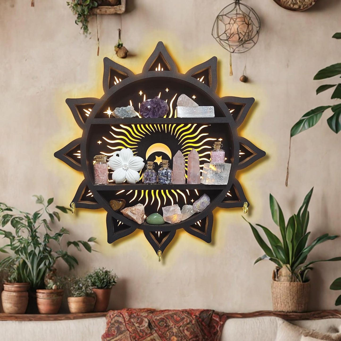 Chakra Lotus Flower Crystal Display Shelf with LED Light, Witchy Home Decor Boho Decorative Wall Mounted Trinket Shelf Wooden Sun Moon Shelf Rock Case Stone Storage Floating Hanging Holder