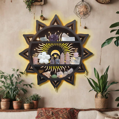 Chakra Lotus Flower Crystal Display Shelf with LED Light, Witchy Home Decor Boho Decorative Wall Mounted Trinket Shelf Wooden Sun Moon Shelf Rock Case Stone Storage Floating Hanging Holder