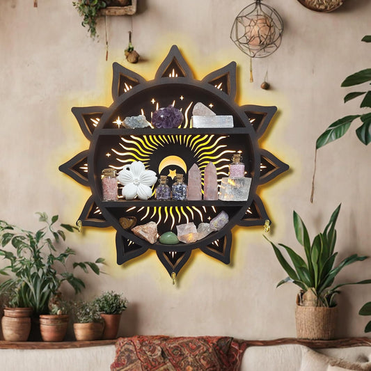 Chakra Lotus Flower Crystal Display Shelf with LED Light, Witchy Home Decor Boho Decorative Wall Mounted Trinket Shelf Wooden Sun Moon Shelf Rock Case Stone Storage Floating Hanging Holder