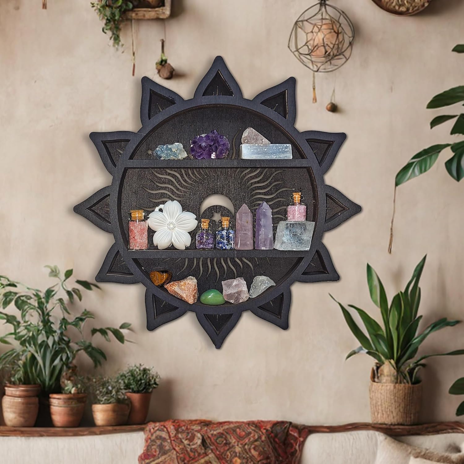 Sun&amp;Moon&amp;Stars Crystal Display Shelf, Trinket Shelf Witchy Home Decor Boho Decorative Wall Mounted Shelf Wooden Sun Moon Shelf Rock Case Stone Storage Floating Hanging Holder