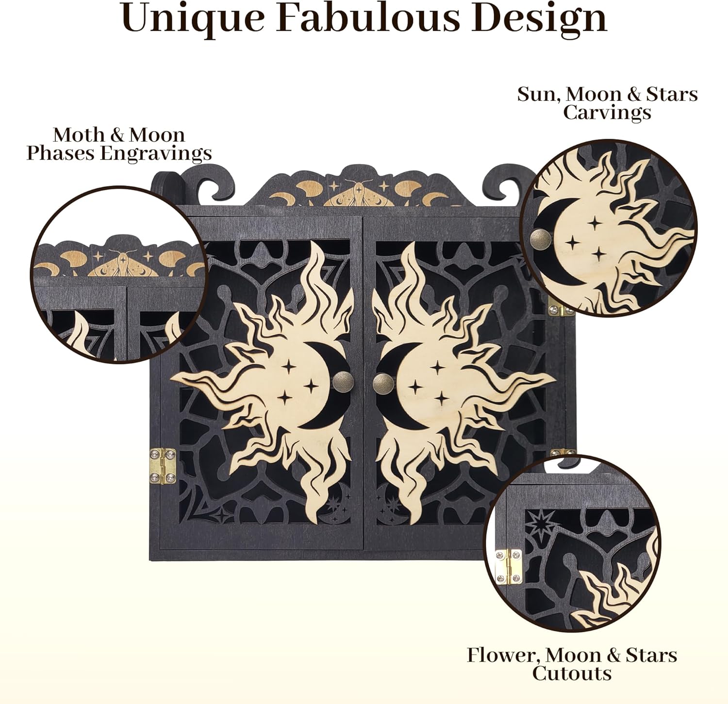 Crystal Display Shelf, Large Crystal Shelf Case for Stones, Carved Sun Crescent Moon Shelf, Trinket Shelf Nail Polish Rack Crystal Holder Essential Oil Storage Rock Cabinet Gem Stone Organizer