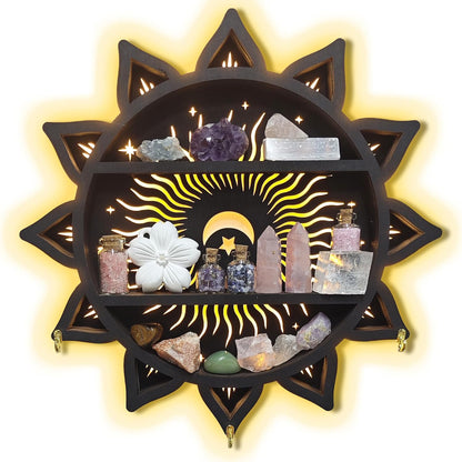 Chakra Lotus Flower Crystal Display Shelf with LED Light, Witchy Home Decor Boho Decorative Wall Mounted Trinket Shelf Wooden Sun Moon Shelf Rock Case Stone Storage Floating Hanging Holder