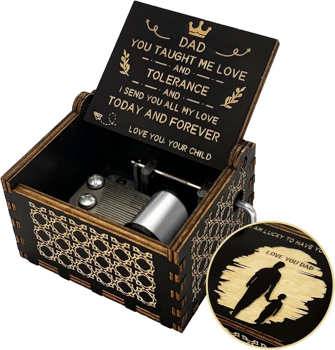 Birthday Gift for Dad from Daughter Son Child, Wooden Music Box Father’s Day Anniversary Valentine’s Day Gifts Musical Box, Black