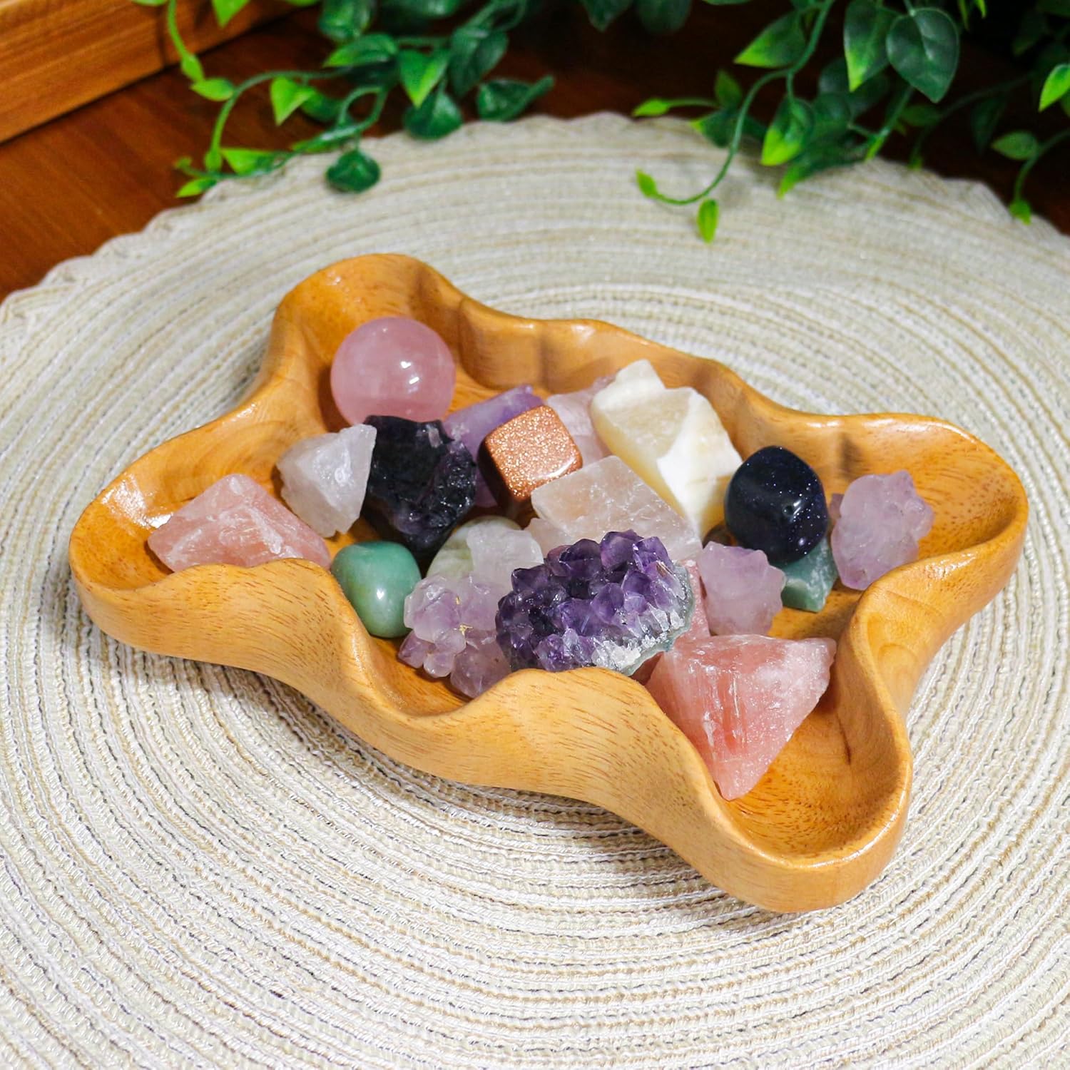 Crystal Tray for Rocks, Gems, and Healing Stones, Wooden Offering Bowl, Crystal Storage Holder, Decorative Display Tray, Crystal Organizer, Zen Bowl, Tray for Essential Oils