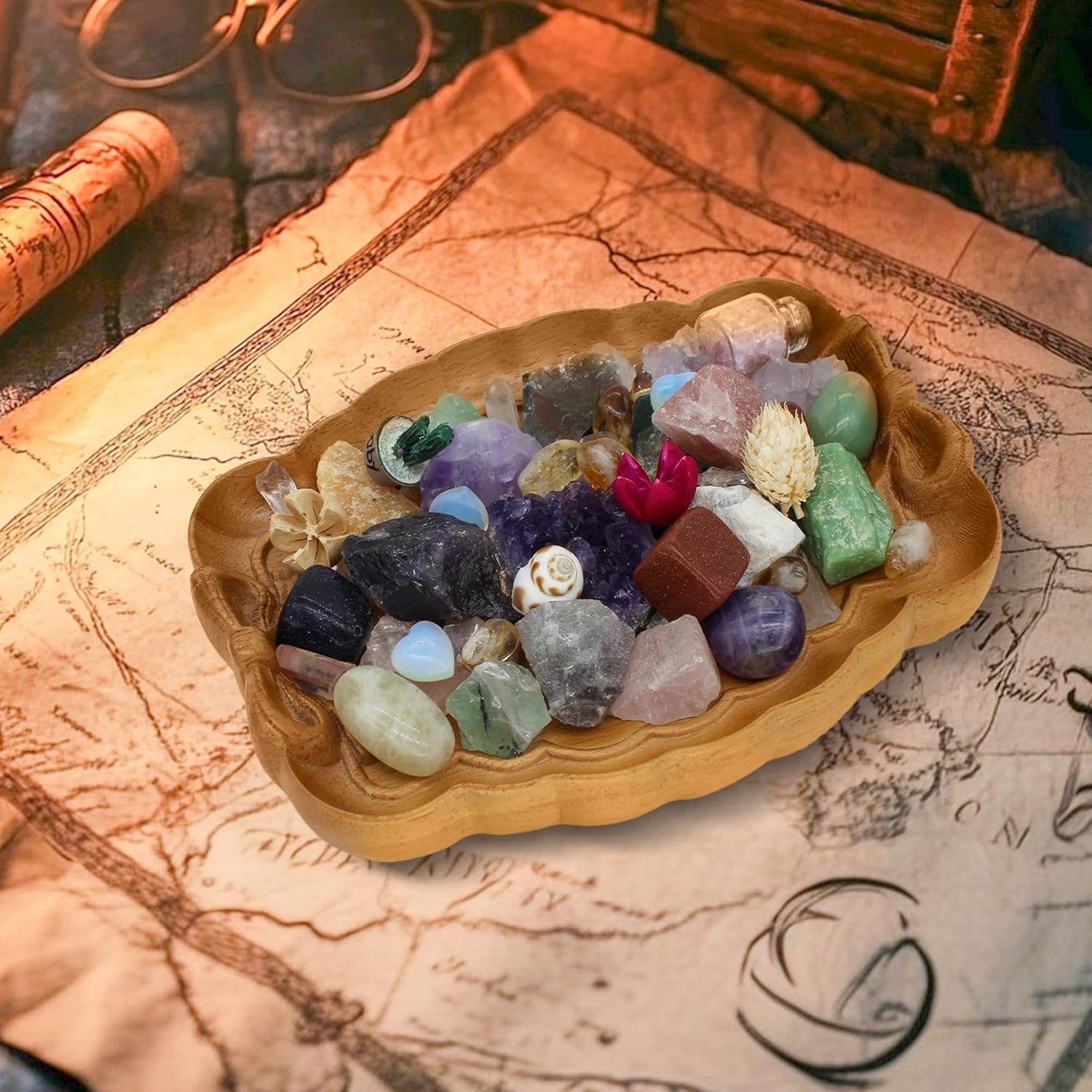 Bow Tie Crystal Storage Tray, Crystal Holder Organizer for Rocks, Gems, and Stones; Wooden Offering Bowl for Crystals Display, Decorative Bowl for Jewelry, Essential Oil and Nail Polish