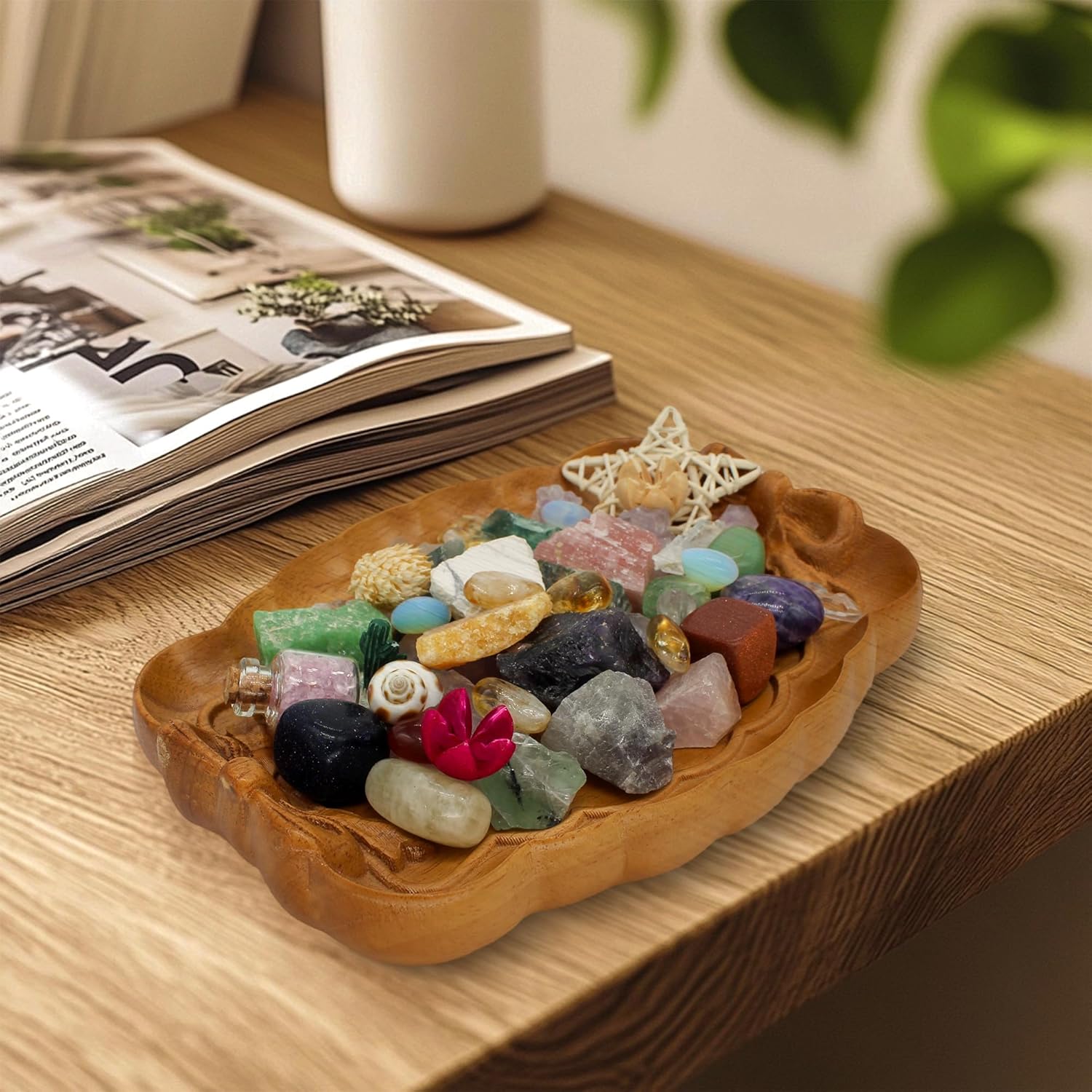 Bow Tie Crystal Storage Tray, Crystal Holder Organizer for Rocks, Gems, and Stones; Wooden Offering Bowl for Crystals Display, Decorative Bowl for Jewelry, Essential Oil and Nail Polish