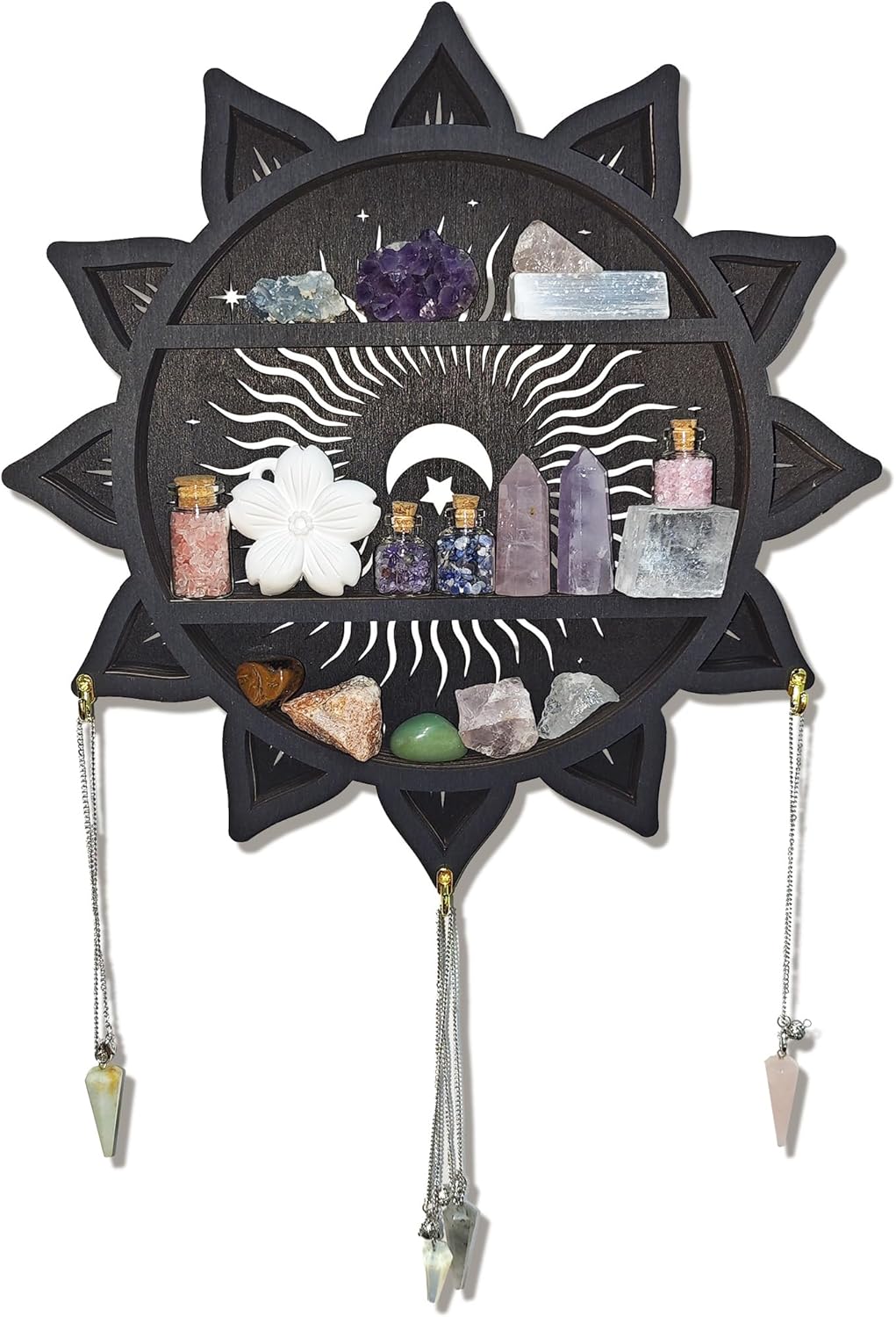 Chakra Lotus Flower Crystal Display Shelf with LED Light, Witchy Home Decor Boho Decorative Wall Mounted Trinket Shelf Wooden Sun Moon Shelf Rock Case Stone Storage Floating Hanging Holder