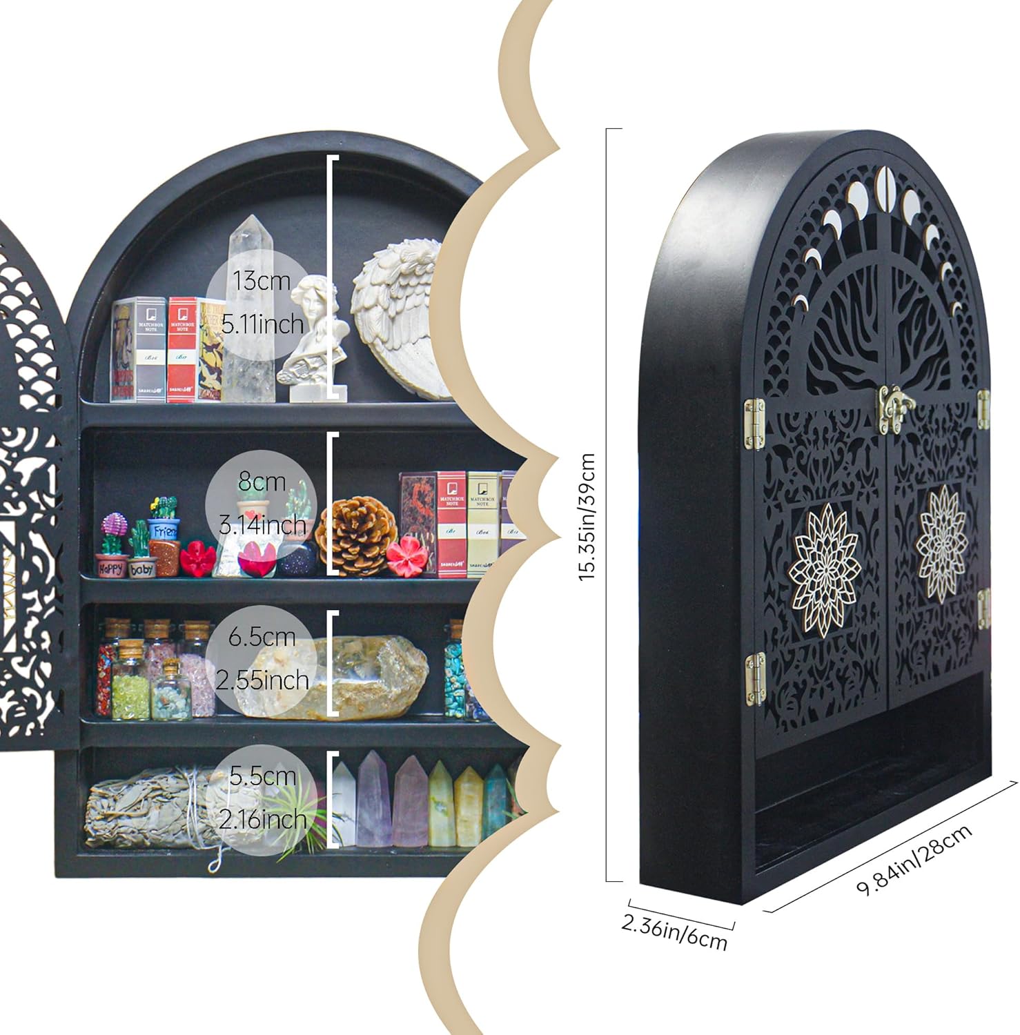 Large Crystal Display Shelf for Wall, Crescent Moon Phase Shelf Wall Decor, Wooden Arch Shelf, Life of Tree Crystal Holder Organizer, Cabinet for Gem Stone Rock, Spiritual Home Room Wall Decor