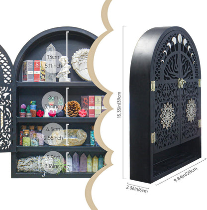 Large Crystal Display Shelf for Wall, Crescent Moon Phase Shelf Wall Decor, Wooden Arch Shelf, Life of Tree Crystal Holder Organizer, Cabinet for Gem Stone Rock, Spiritual Home Room Wall Decor