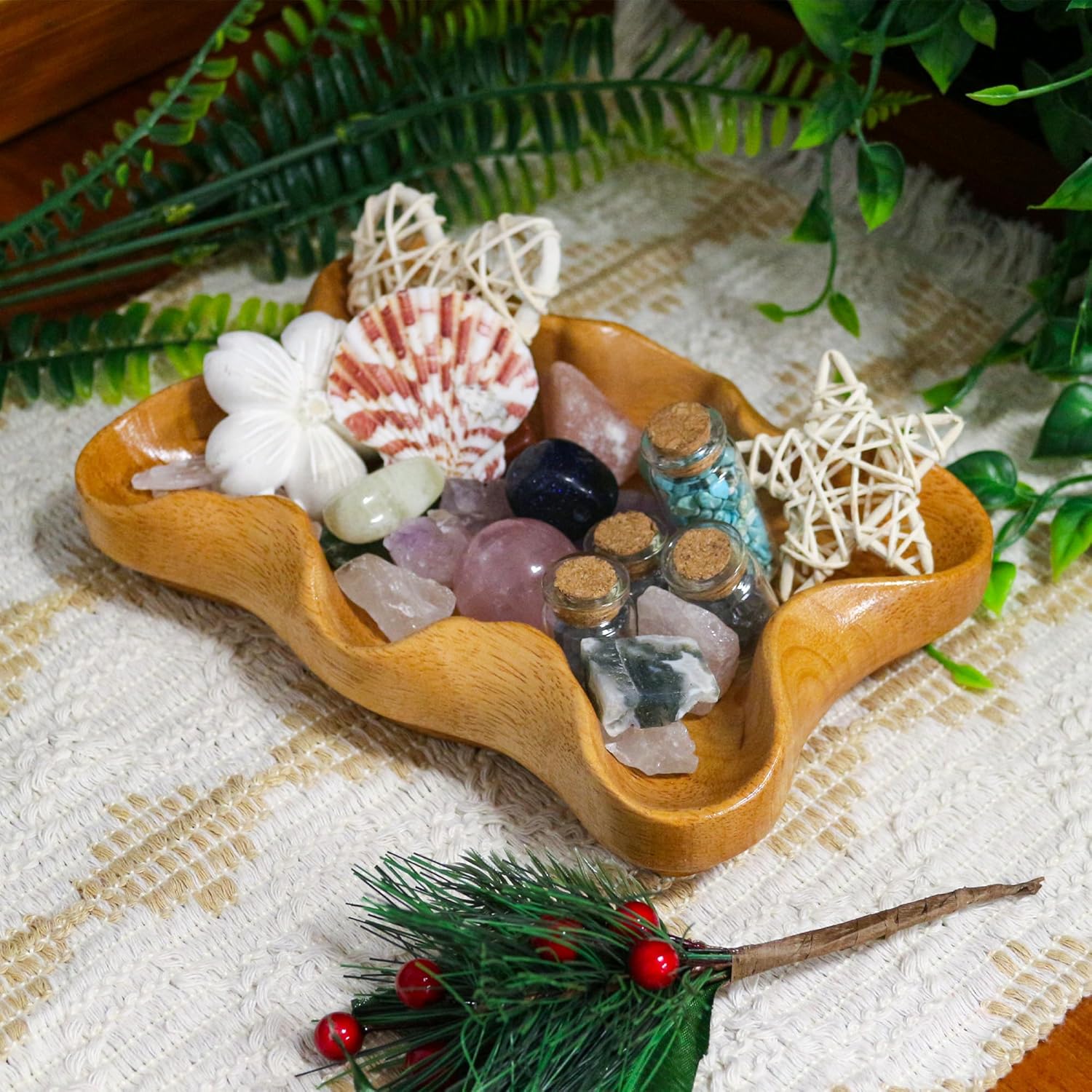 Crystal Tray for Rocks, Gems, and Healing Stones, Wooden Offering Bowl, Crystal Storage Holder, Decorative Display Tray, Crystal Organizer, Zen Bowl, Tray for Essential Oils