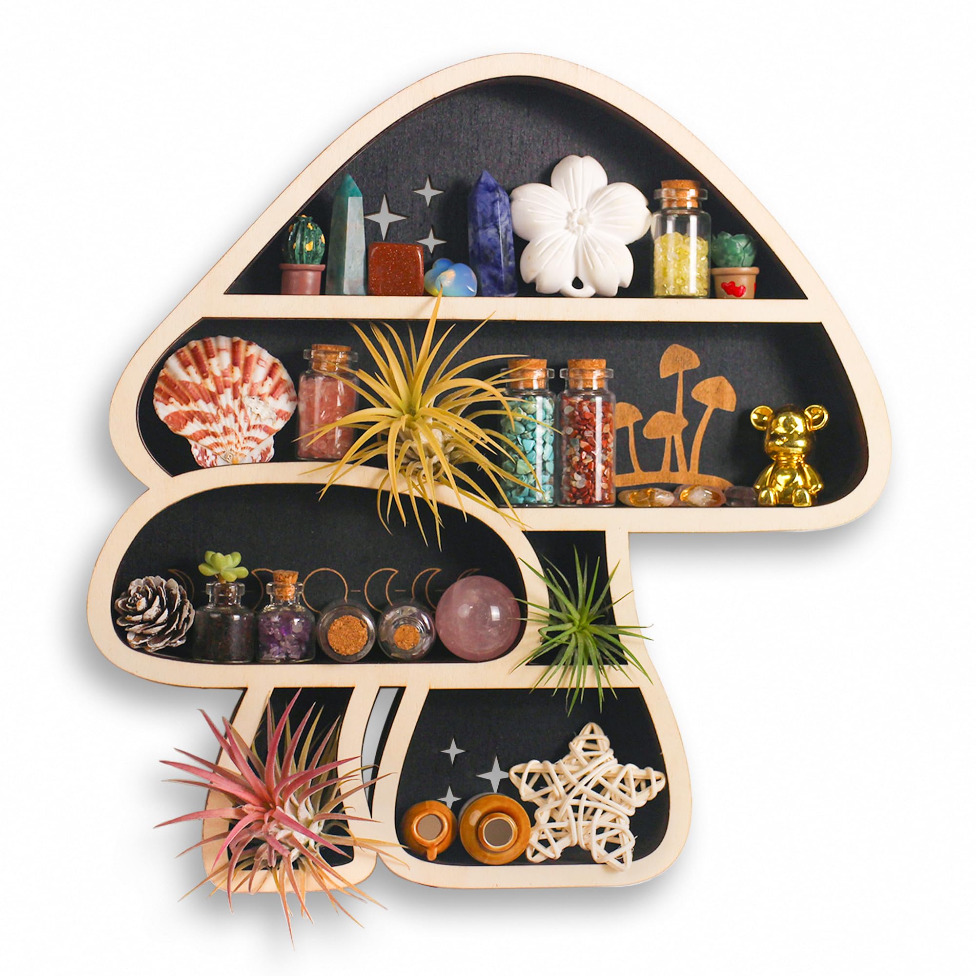Cute Mushroom Decor, Wooden Mushroom Floating Shelves for Wall, Moon Shelf Wall Decor Crystal Rock Gem Stone Display Shelf, Trinket Knick Knack Shelf, Mushroom Gifts for Mushroom Lovers