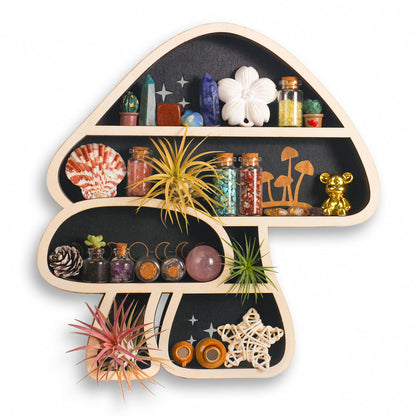Cute Mushroom Decor, Wooden Mushroom Floating Shelves for Wall, Moon Shelf Wall Decor Crystal Rock Gem Stone Display Shelf, Trinket Knick Knack Shelf, Mushroom Gifts for Mushroom Lovers