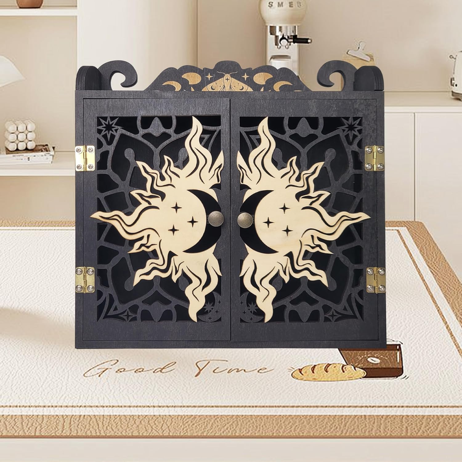 Crystal Display Shelf, Large Crystal Shelf Case for Stones, Carved Sun Crescent Moon Shelf, Trinket Shelf Nail Polish Rack Crystal Holder Essential Oil Storage Rock Cabinet Gem Stone Organizer