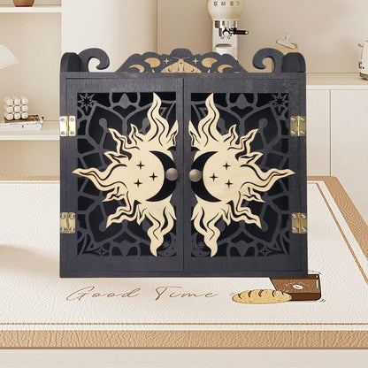 Crystal Display Shelf, Large Crystal Shelf Case for Stones, Carved Sun Crescent Moon Shelf, Trinket Shelf Nail Polish Rack Crystal Holder Essential Oil Storage Rock Cabinet Gem Stone Organizer