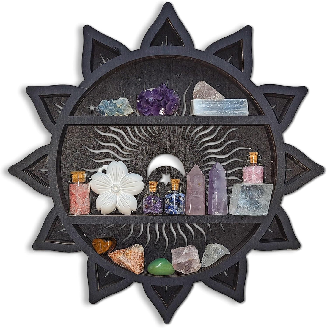 Sun&amp;Moon&amp;Stars Crystal Display Shelf, Trinket Shelf Witchy Home Decor Boho Decorative Wall Mounted Shelf Wooden Sun Moon Shelf Rock Case Stone Storage Floating Hanging Holder
