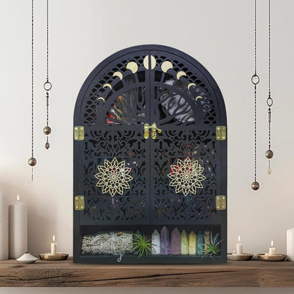 Large Crystal Display Shelf for Wall, Crescent Moon Phase Shelf Wall Decor, Wooden Arch Shelf, Life of Tree Crystal Holder Organizer, Cabinet for Gem Stone Rock, Spiritual Home Room Wall Decor