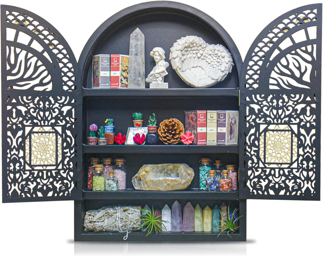 Large Crystal Display Shelf for Wall, Crescent Moon Phase Shelf Wall Decor, Wooden Arch Shelf, Life of Tree Crystal Holder Organizer, Cabinet for Gem Stone Rock, Spiritual Home Room Wall Decor