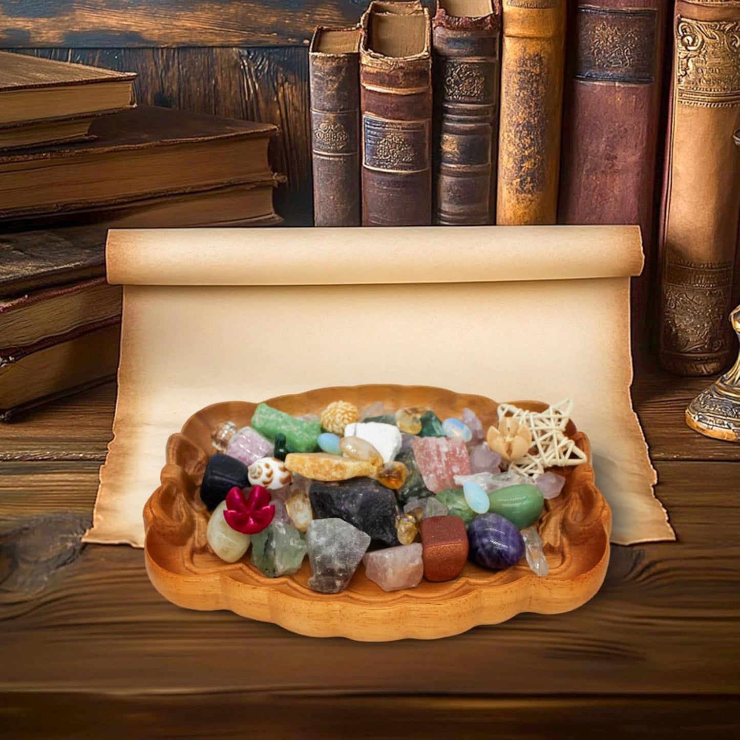 Bow Tie Crystal Storage Tray, Crystal Holder Organizer for Rocks, Gems, and Stones; Wooden Offering Bowl for Crystals Display, Decorative Bowl for Jewelry, Essential Oil and Nail Polish