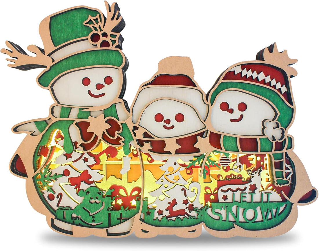 FNYDOX Snowman Christmas Decorations Indoor, LED Snowmen Wood Carving Light up Snowmen Ornaments, Snowman Figurines Decor for Home Living Room Bedroom