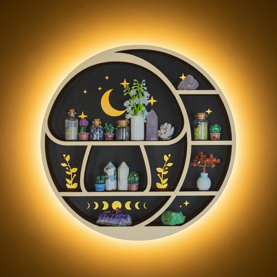 Circle Mushroom on The Moon Wall Shelf with LED Light, Wooden Trinket Knick Knack Shelf, Mushroom &amp; Moon Decor Crystal Display Shelf for Rocks Gems Healing Stones, Cute Crystal Holder Organizer