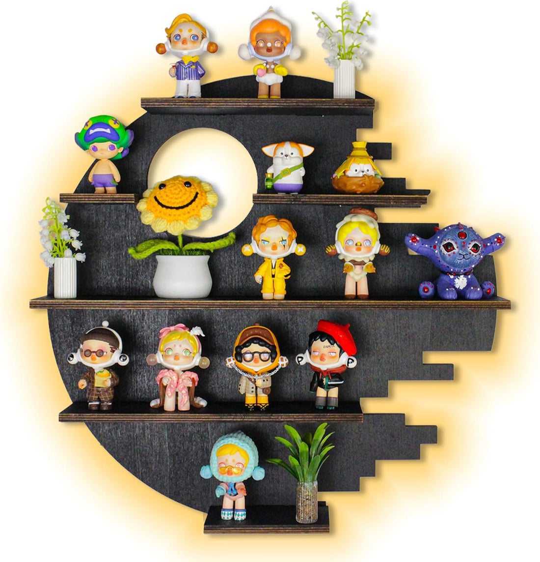 Large 17.7&quot; RGB Wooden Circle Floating Shelves for Wall, Figures Minifigures Figurine Display Shelf Wall Mount, Wood Wall Hanging Shelf for Collection Collectibles, for Bedroom Living Room