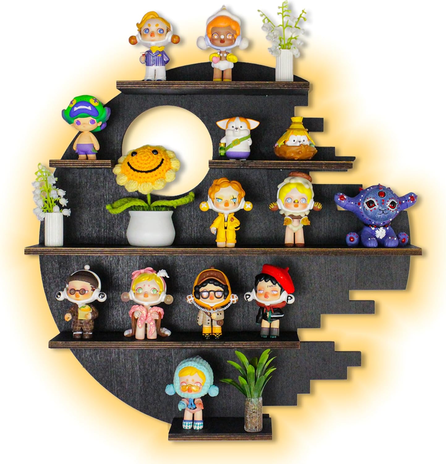 Large 17.7&quot; RGB Wooden Circle Floating Shelves for Wall, Figures Minifigures Figurine Display Shelf Wall Mount, Wood Wall Hanging Shelf for Collection Collectibles, for Bedroom Living Room