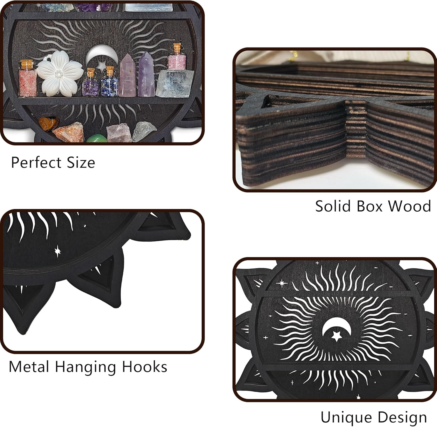 Sun&amp;Moon&amp;Stars Crystal Display Shelf, Trinket Shelf Witchy Home Decor Boho Decorative Wall Mounted Shelf Wooden Sun Moon Shelf Rock Case Stone Storage Floating Hanging Holder