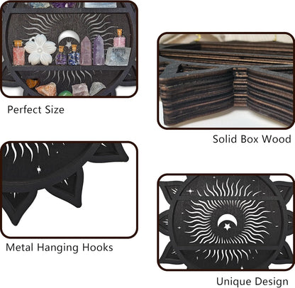 Sun&amp;Moon&amp;Stars Crystal Display Shelf, Trinket Shelf Witchy Home Decor Boho Decorative Wall Mounted Shelf Wooden Sun Moon Shelf Rock Case Stone Storage Floating Hanging Holder