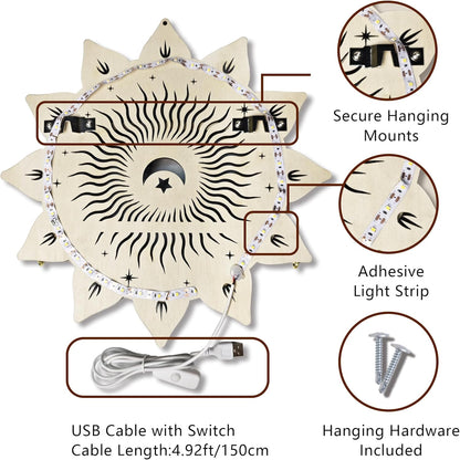 Chakra Lotus Flower Crystal Display Shelf with LED Light, Witchy Home Decor Boho Decorative Wall Mounted Trinket Shelf Wooden Sun Moon Shelf Rock Case Stone Storage Floating Hanging Holder
