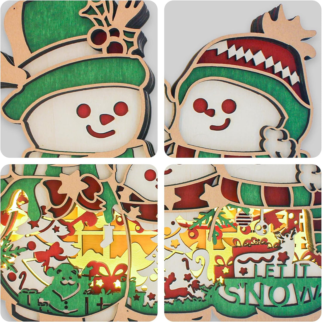 FNYDOX Snowman Christmas Decorations Indoor, LED Snowmen Wood Carving Light up Snowmen Ornaments, Snowman Figurines Decor for Home Living Room Bedroom