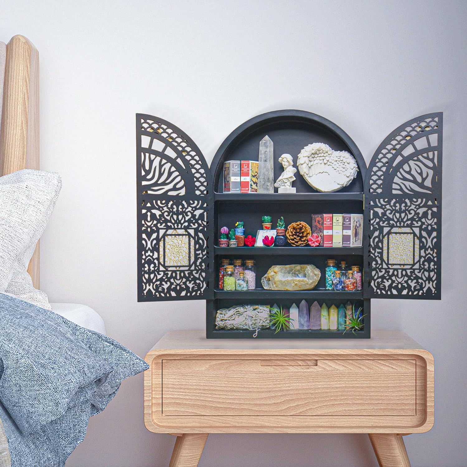 Large Crystal Display Shelf for Wall, Crescent Moon Phase Shelf Wall Decor, Wooden Arch Shelf, Life of Tree Crystal Holder Organizer, Cabinet for Gem Stone Rock, Spiritual Home Room Wall Decor