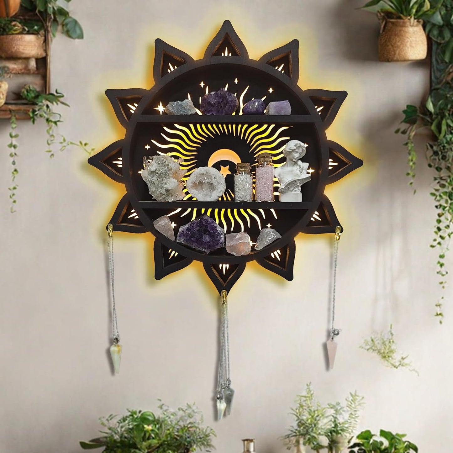 Chakra Lotus Flower Crystal Display Shelf with LED Light, Witchy Home Decor Boho Decorative Wall Mounted Trinket Shelf Wooden Sun Moon Shelf Rock Case Stone Storage Floating Hanging Holder