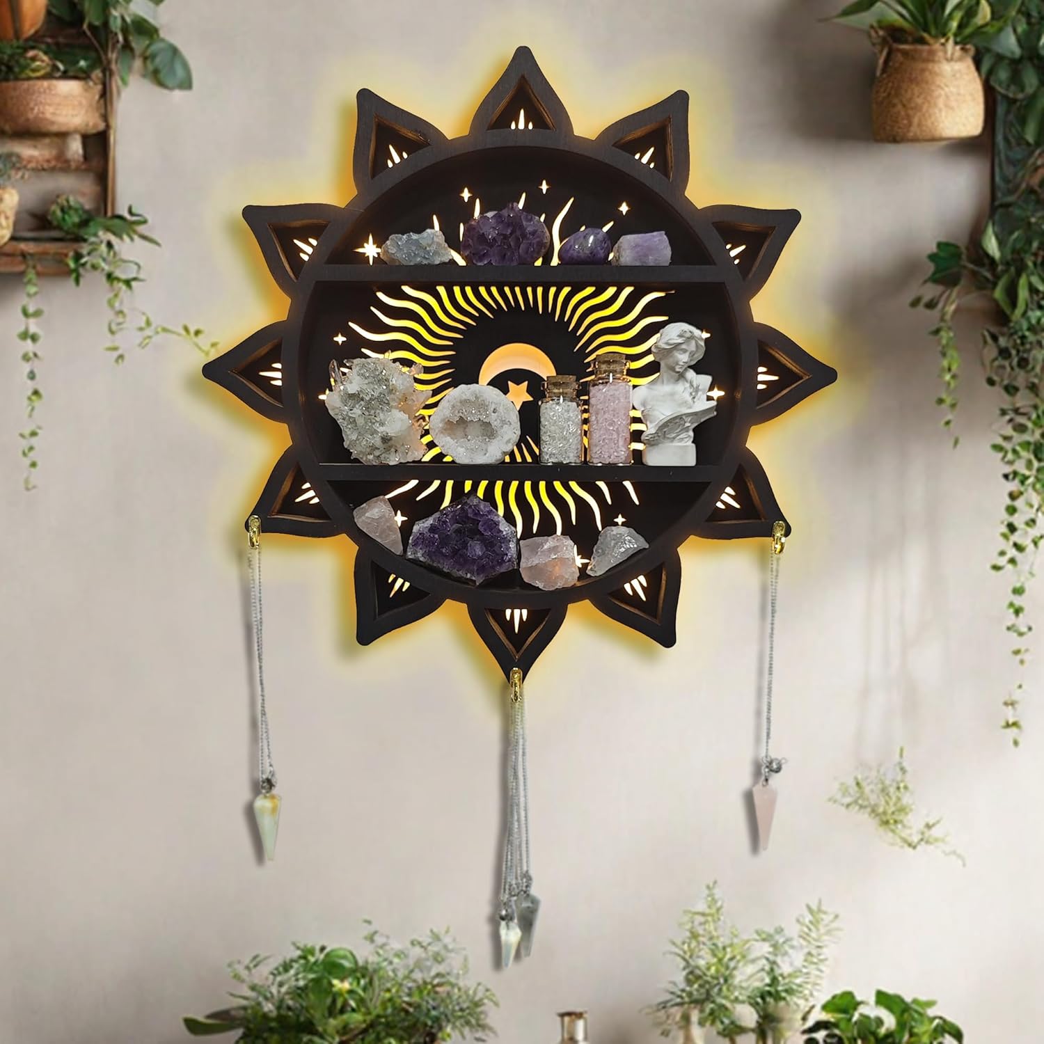 Chakra Lotus Flower Crystal Display Shelf with LED Light, Witchy Home Decor Boho Decorative Wall Mounted Trinket Shelf Wooden Sun Moon Shelf Rock Case Stone Storage Floating Hanging Holder