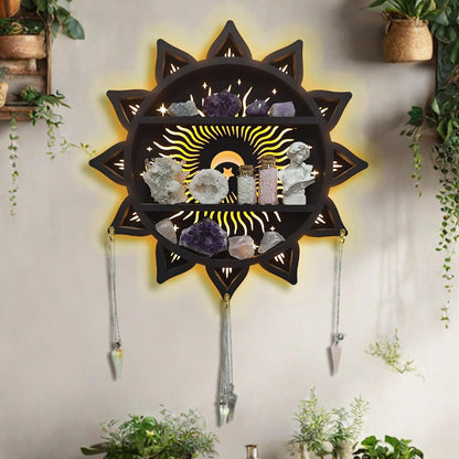 Chakra Lotus Flower Crystal Display Shelf with LED Light, Witchy Home Decor Boho Decorative Wall Mounted Trinket Shelf Wooden Sun Moon Shelf Rock Case Stone Storage Floating Hanging Holder
