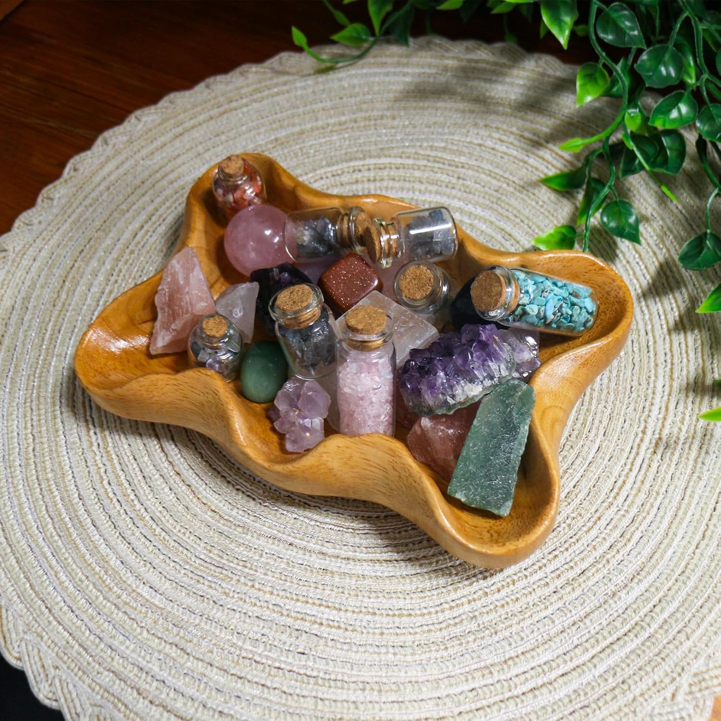 Crystal Tray for Rocks, Gems, and Healing Stones, Wooden Offering Bowl, Crystal Storage Holder, Decorative Display Tray, Crystal Organizer, Zen Bowl, Tray for Essential Oils