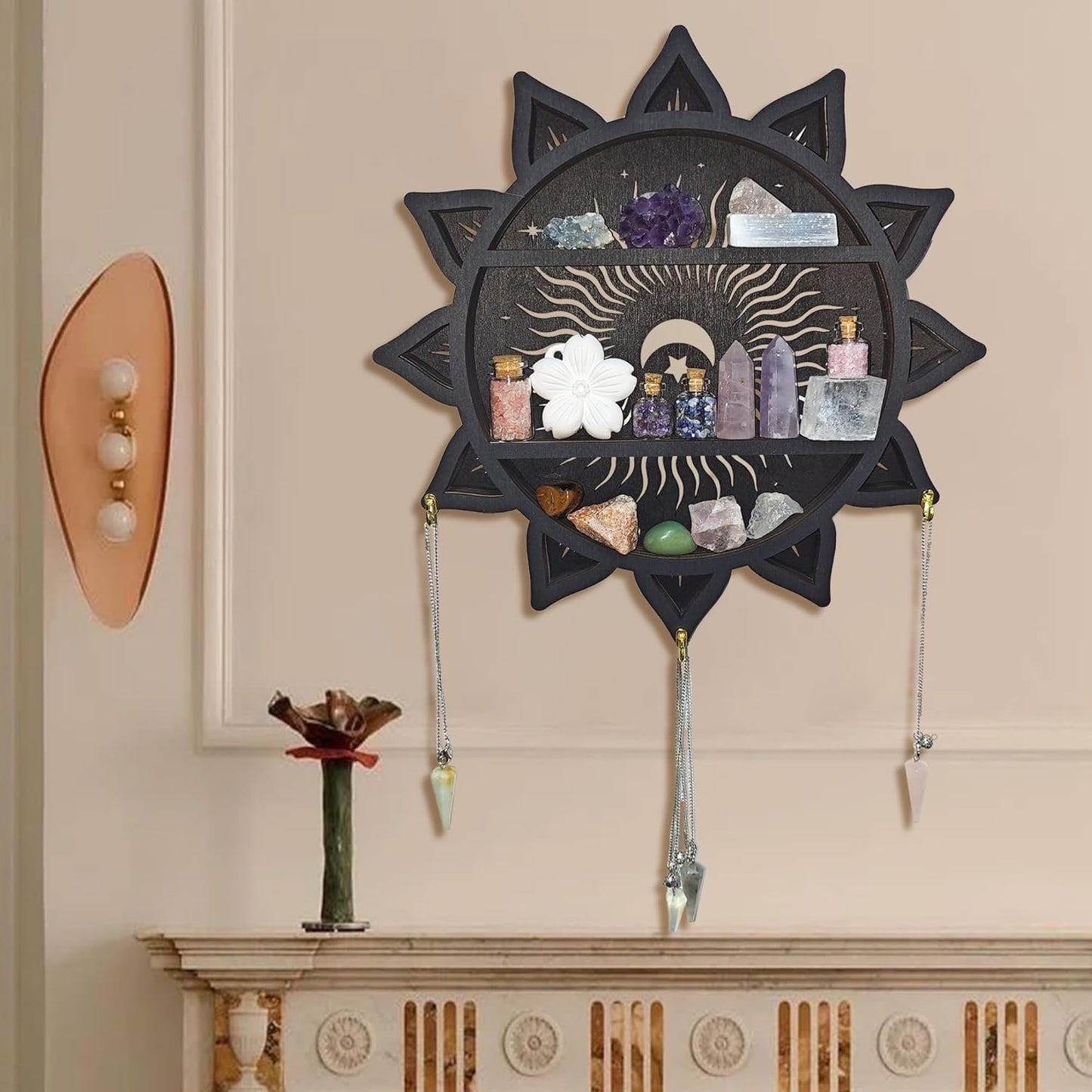 Chakra Lotus Flower Crystal Display Shelf with LED Light, Witchy Home Decor Boho Decorative Wall Mounted Trinket Shelf Wooden Sun Moon Shelf Rock Case Stone Storage Floating Hanging Holder